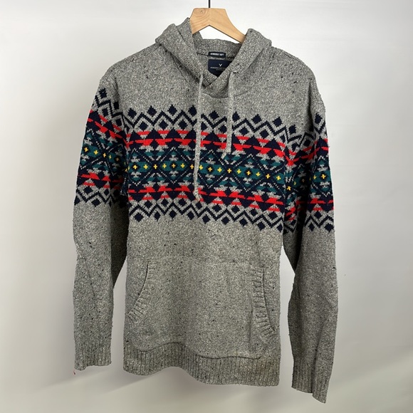 American Eagle Silk Wool Blend Hooded Sweater - Gray Festive - Large - Mens - Picture 5 of 9